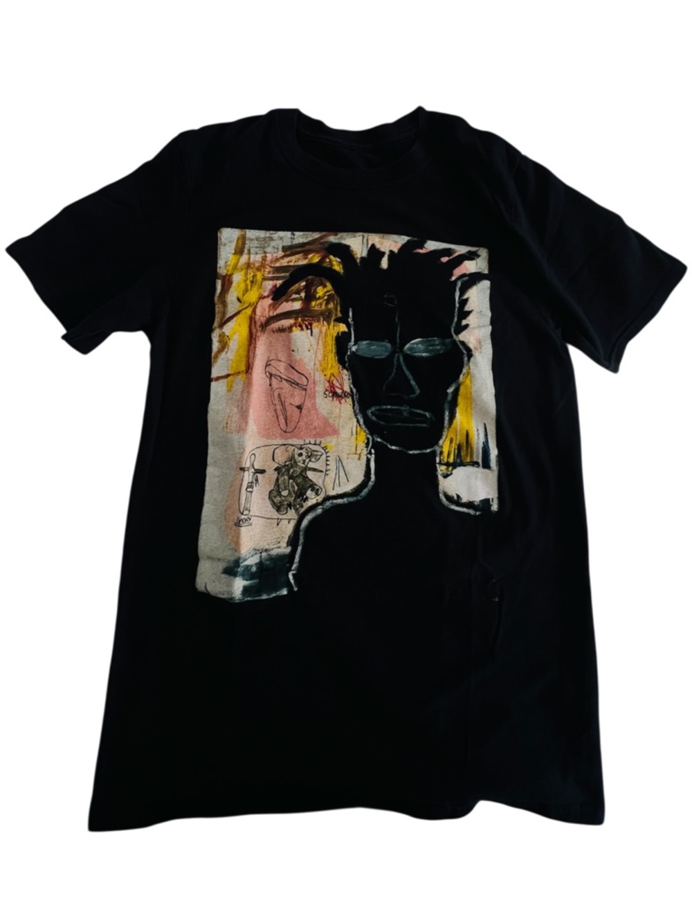 Black Graphic Short Sleeve Tee with Abstract Portrait